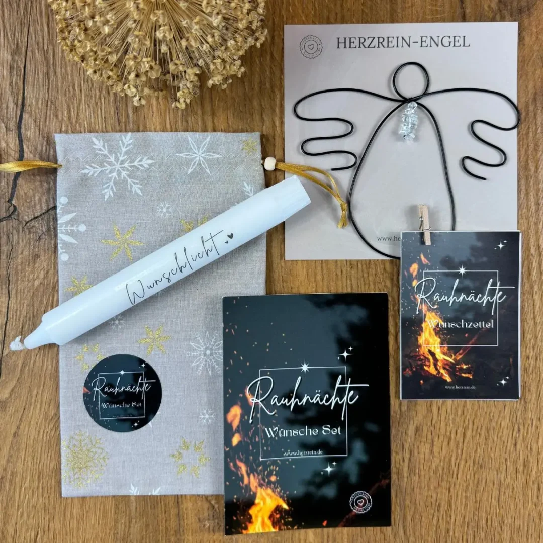 Rauhnächte Wünsche Set mit Schutzengel, Wunschlicht, Wunschzetteln und handgenähtem Säckchen im Herzrein-Design für Rituale und Manifestation