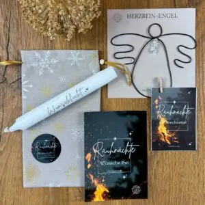 Rauhnächte Wünsche Set mit Schutzengel, Wunschlicht, Wunschzetteln und handgenähtem Säckchen im Herzrein-Design für Rituale und Manifestation