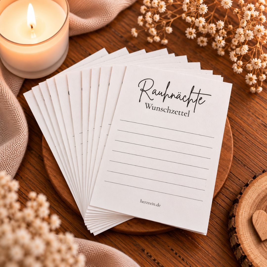 13 gedruckte Rauhnächte Wunschzettel aus gut brennbarem Recyclingpapier für das 13-Wünsche-Ritual