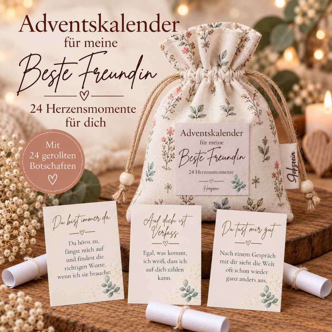 Adventskalender beste Freundin mit 24 gerollten Botschaften im handgenähten Stoffsäckchen