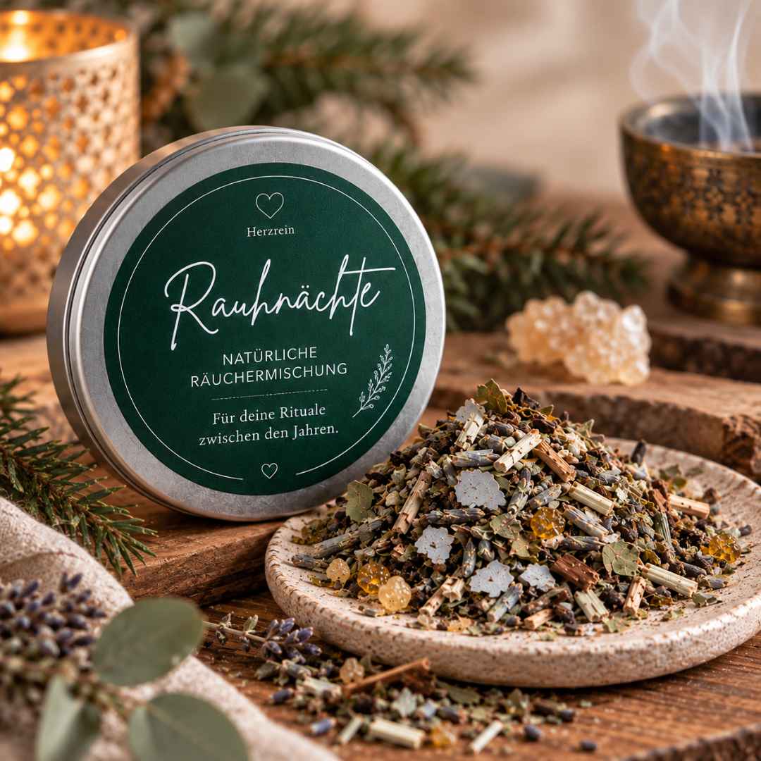 Rauhnächte Räuchermischung mit natürlichen Kräutern und Harzen neben der Metalldose
