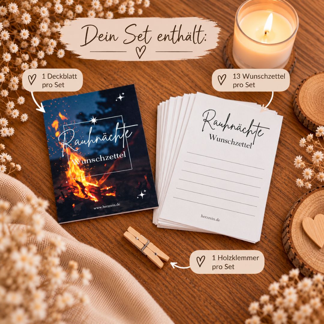 Rauhnächte Wunschzettel Set mit 1 Deckblatt, 13 Wunschzetteln aus Recyclingpapier und 1 Holzklammer